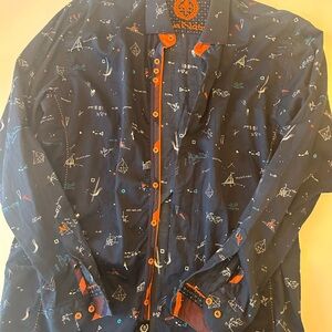 Men's Au Noir Casual Navy Patterned Dress Shirt - Orange Trim
